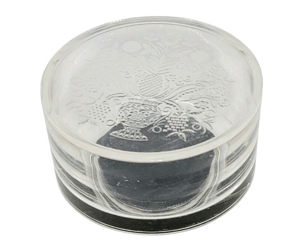 Vtg Round Clear Lucite Acrylic Trinket Jewelry Box Floral 3.5" Diameter TRB